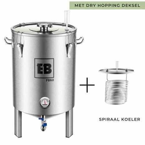 EasyBrew Vergistingsvat RVS 60 L. met speciaal deksel voor dry-hoppen en met geïntegreerde koeler.